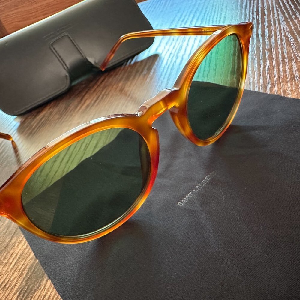 YSL Saint Laurent brown tortoise Round Frame Sunglasses‎ Havana Green lenses